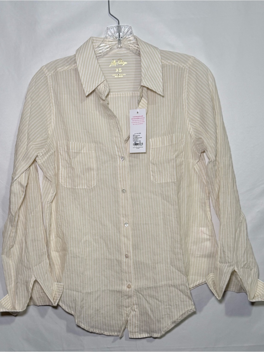 Lilly Pulitzer Women's XS Beige Striped Linen Collared Button Down Pockets